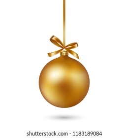 Gold Christmas bauble with ribbon and bow on white background. Vector illustration. Christmas decoration