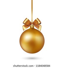 Gold Christmas Bauble With Ribbon And Bow On White Background. Vector Illustration. Christmas Decoration