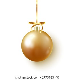 Gold Christmas bauble with ribbon and bow on white background. Vector illustration
