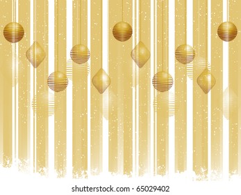 Gold Christmas baubles on a striped background