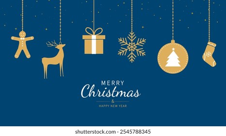 Baile de Natal de ouro com rena, floco de neve, árvore de Natal, bengala de doce, homem de gengibre, caixa de presente. Design de decoração Xmas. Feliz Natal e Ano Novo. Ilustração vetorial