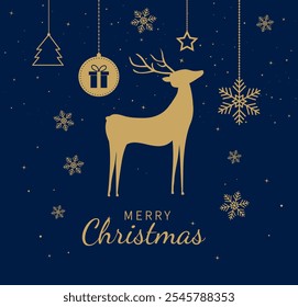 Baile de Natal de ouro com rena, floco de neve, árvore de Natal, bengala de doce, homem de gengibre, caixa de presente. Design de decoração Xmas. Feliz Natal e Ano Novo. Ilustração vetorial