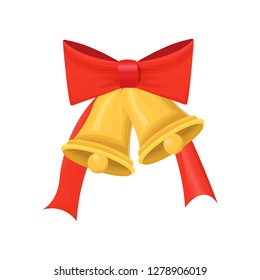 Gold Christmas bells with big red bow isolated on white vector. Holiday element of winter decoration. Single glossy campanulas with ribbon design icon