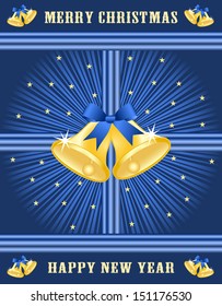 Gold christmas bells with blue bows set on a blue starburst background decorated with stars. Raster version also available.