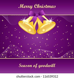 Gold christmas bells with pretty bow and yellow stars on a purple background. Copy space for text. Raster version also available.
