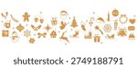 Gold Christmas border with decorations on isolated background. Holidays banner with Santa Claus, Christmas tree, ornaments, gingerbread cookie, reindeer vector icons. Celebration divider