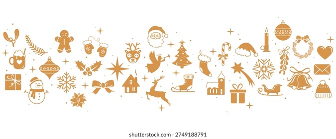 Gold Christmas border with decorations on isolated background. Holidays banner with Santa Claus, Christmas tree, ornaments, gingerbread cookie, reindeer vector icons. Celebration divider