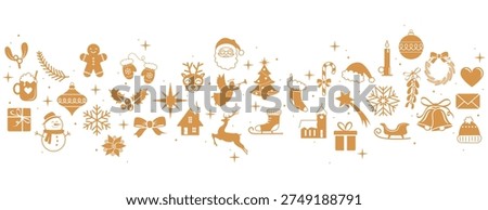 Gold Christmas border with decorations on isolated background. Holidays banner with Santa Claus, Christmas tree, ornaments, gingerbread cookie, reindeer vector icons. Celebration divider