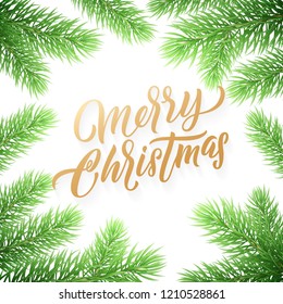Gold Christmas card lettering on white background with green Christmas trees branches frame