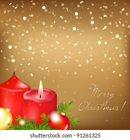 Gold Christmas Card With Red Candle, Vector Illustration