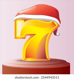 Gold Christmas Casino Number Seven 7 With red Christmas Hat. Vector Design.