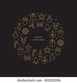 gold christmas circle line icons black background
