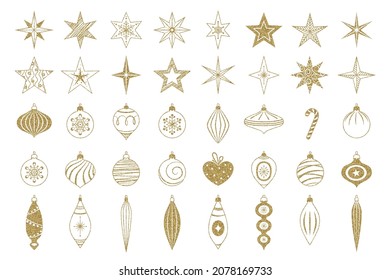 Gold Christmas decoration set. Gold glitter texture. Christmas holiday symbols, balls, stars, snowflakes on transparent background.