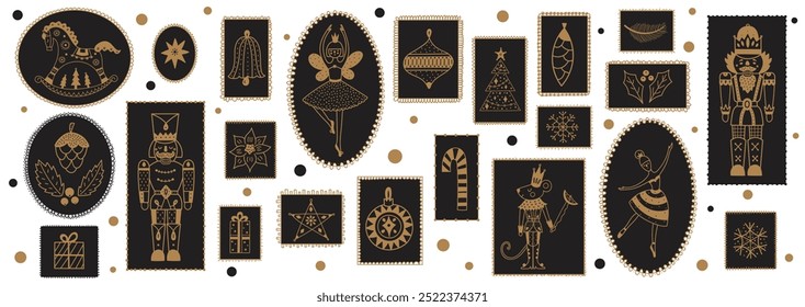 Gold Christmas decorations flat vector illustration. Stickers. Stamps. New Year's balls, nutcracker and ballerina . Transparent background
