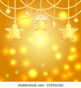 gold christmas decorations in the form of stars and balls on a sparkling background.twinkling New Year background.vector