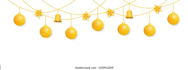 Gold Christmas decorations. Shiny balls, Christmas stars and bells hanging on chains. Design for banners, posters, leaflets. Isolated on white background.