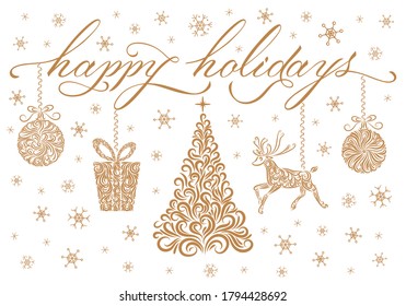 Diseño de Navidad dorada: letras de fiestas felices, árbol, reno, bola de Navidad, regalo, copos de nieve. Dibujo con línea ornamentada. Ilustración vectorial de material. Ventanas de compras y decoración interior.