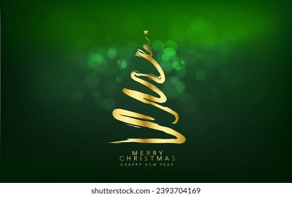 Gold Christmas design tree and New Year Typographical on Green Xmas background with winter landscape, light, stars. Merry Christmas and Happy New Year greeting card, poster, holiday cover.