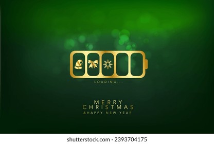 Concepto de descarga navideña dorada y tipográfico de Año Nuevo sobre fondo verde navidad , luz, estrellas. Feliz Navidad y Feliz Año Nuevo tarjeta de saludo, afiche, portada de vacaciones.