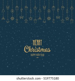 gold christmas elements hanging blue snow background