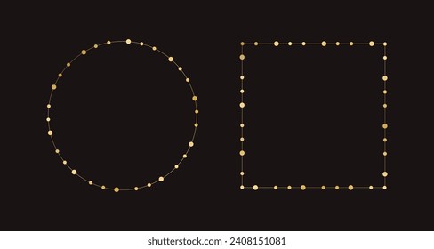 Gold Christmas Fairy Lights Frame Border Set. Abstract geometric golden dots circle frame collection.