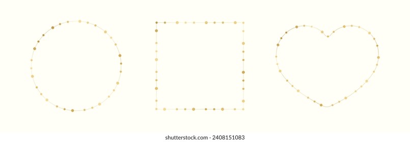Gold Christmas Fairy Lights Frame Border Set. Abstract geometric golden dots circle frame collection.
