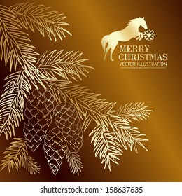 Gold  Christmas Fir And Pinecone.. Vector Illustration.