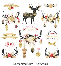 Gold Christmas Floral Antlers Elements