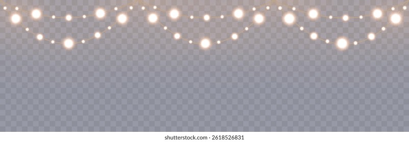 Gold Christmas garland on transparent background, new year light effect elements for banner, poster, flyer and xmas card. Horizontal yellow wires shining, led strips png, vector illustration.