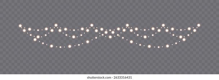 Gold Christmas garland on transparent background, new year light effect elements for banner, poster, flyer and xmas card. Horizontal yellow wires shining, led strips png, vector illustration.