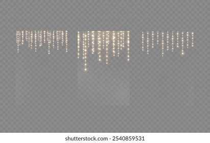 Garlands de Natal dourado com brilho espumante: luzes de férias para ilustrações. Brilhar Garland com Poeira de Ouro, Glitter e Estrelas - Decoração de cartão ideal
