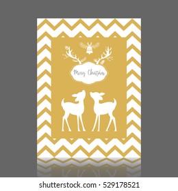 Gold Christmas greeting card with bell and bambi. Vector illustration.