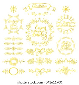 Gold Christmas handdrawn design elements. Wreaths, branches, headers,lettering.  Best for greeting cards, invitations 