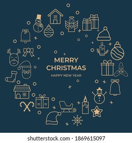 gold christmas icons elements circle blue background