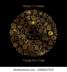 Gold Christmas line art icons arranged in ball vector illustration. Winter holiday gold emblem in round form isolated on black