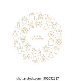 gold christmas line icons circle white background