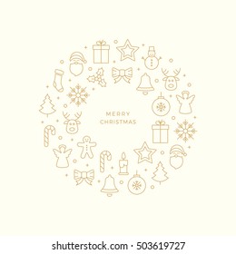 gold christmas line icons circle beige background