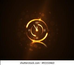 Gold christmas magic clock background. Golden shiny design with sparkles and glitter. Decoration for card, greeting. Symbol of Happy New Year 2017 holiday, countdown. Vector illustration