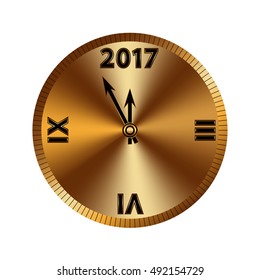 Gold christmas magic clock background. Golden shiny design with sparkles and glitter. Decoration for card, greeting. Symbol of Happy New Year 2017 holiday, countdown. Vector illustration