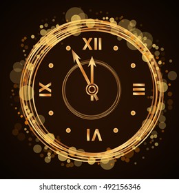 Gold christmas magic clock background. Golden shiny design with sparkles and glitter. Decoration for card, greeting. Symbol of Happy New Year 2017 holiday, countdown. Vector illustration