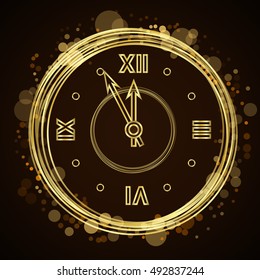 Gold christmas magic clock background. Golden shiny design with sparkles and glitter. Decoration for card, greeting. Symbol of Happy New Year 2017 holiday, countdown. Vector illustration