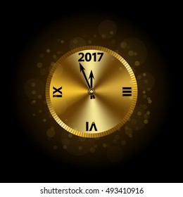 Gold christmas magic clock background. Golden shiny design with sparkles and glitter. Decoration for card, greeting. Symbol of Happy New Year 2017 holiday, countdown. Vector illustration