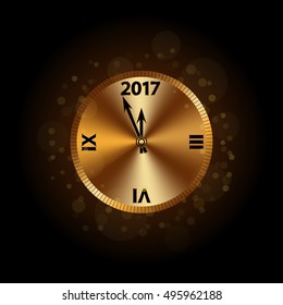 Gold Christmas magic clock background. Golden shiny design with sparkles and glitter. Decoration for card, greeting. Symbol of Happy New Year 2017 holiday, countdown. Vector illustration