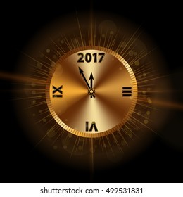 Gold Christmas magic clock background. Golden shiny design with sparkles and glitter. Decoration for card, greeting. Symbol of Happy New Year 2017 holiday, countdown. Vector illustration