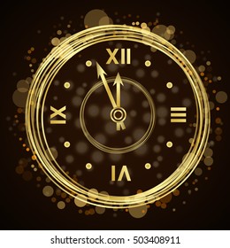 Gold christmas magic clock background. Golden shiny design with sparkles and glitter. Decoration for card, greeting. Symbol of Happy New Year 2017 holiday, countdown. Vector illustration