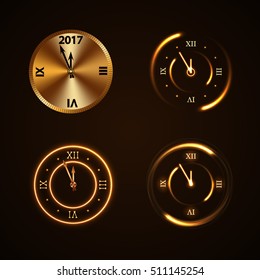 Gold christmas magic clocks set background. Golden shiny design with sparkles and glitter. Decoration for card, greeting. Symbol of Happy New Year 2017 holiday, countdown. Vector illustration
