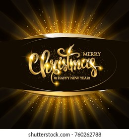 Gold Christmas and New Year banner with light bulbs. Christmas and new year background.