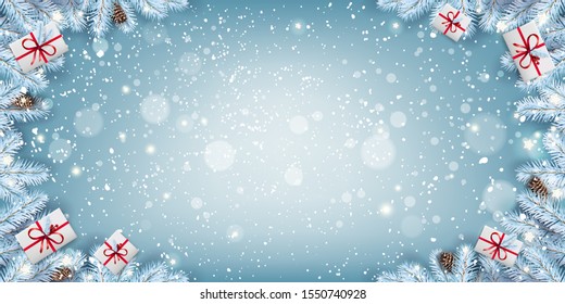 Gold Christmas and New Year Text on red Xmas background with fir branches, snowflakes, light, stars. Merry Christmas card. Vector Illustration