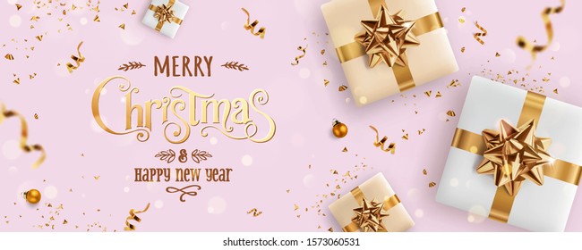 Gold Christmas and New Year Text on pink Xmas background with gift boxes, fir branches, gold ribbon, decoration, sparkles, confetti, bokeh. Merry Christmas card. Vector Illustration, realistic vector