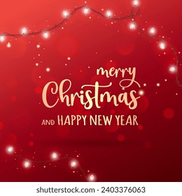 Gold Christmas and New Year Text lettering on red Xmas background with glowing lights garland, glitter, bokeh and snowflakes. Xmas card. Vector Illustration